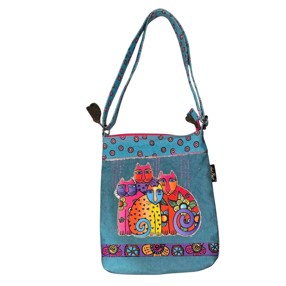 Laurel Burch Vintage Cat Family Crossbody Bag Turquoise Multicolor Purse